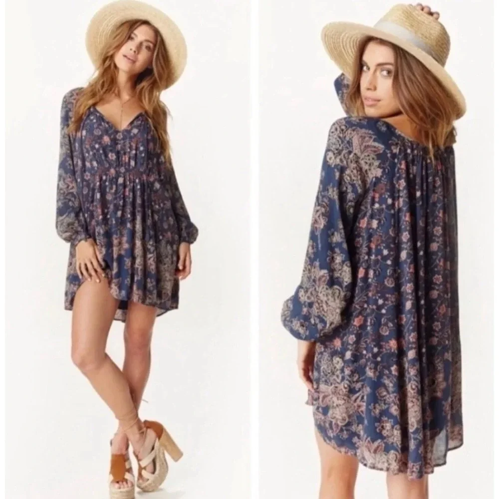Free People Lucky Loosie Mini Dress Small Boho Floral Blue Smocked Long Sleeve
